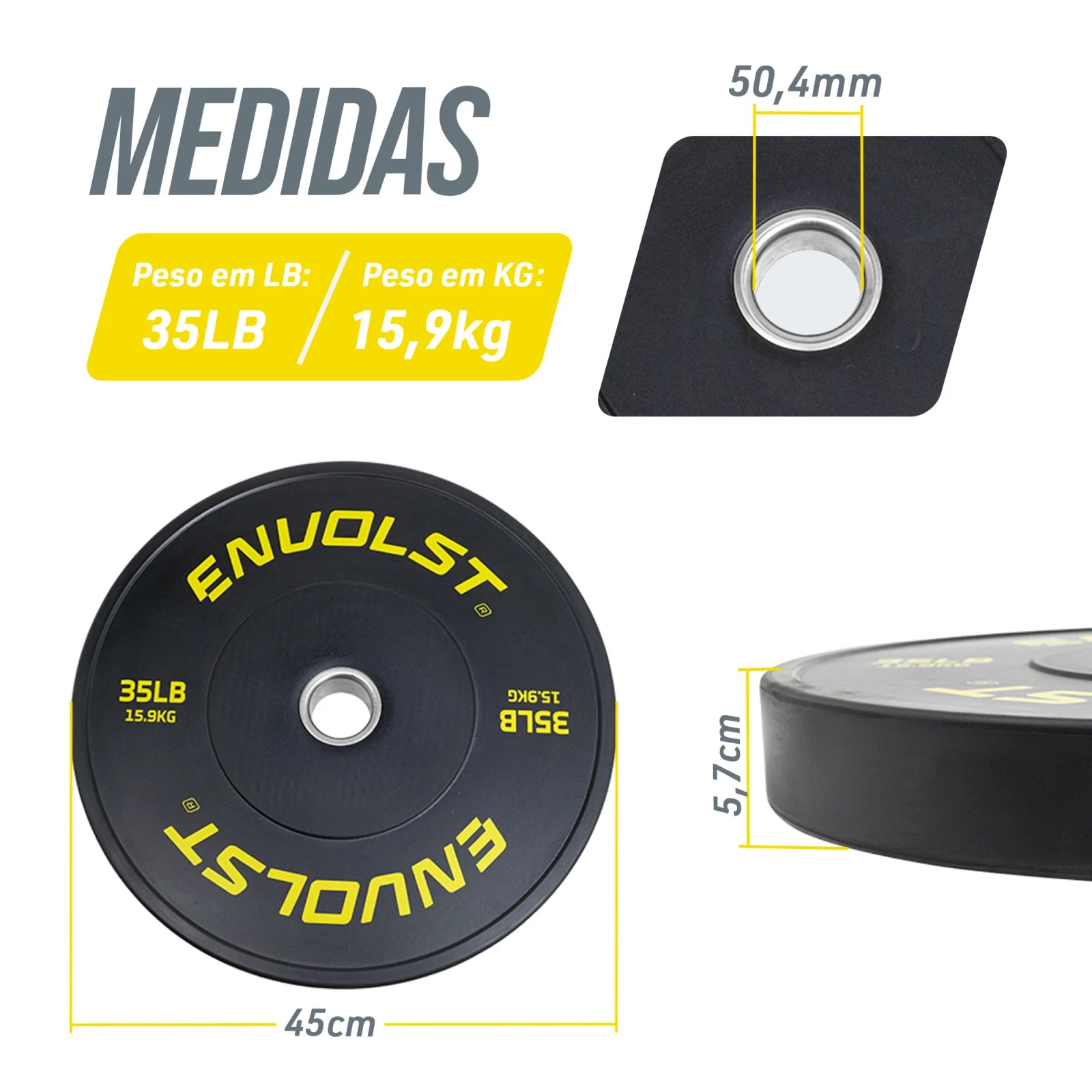 Anilha Olímpica Bumper para Crossfit e LPO IWF 35Lb Envolst
