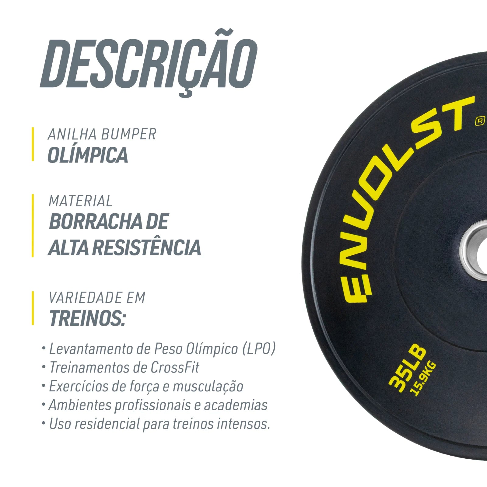 Anilha Olímpica Bumper para Crossfit e LPO IWF 35Lb Envolst
