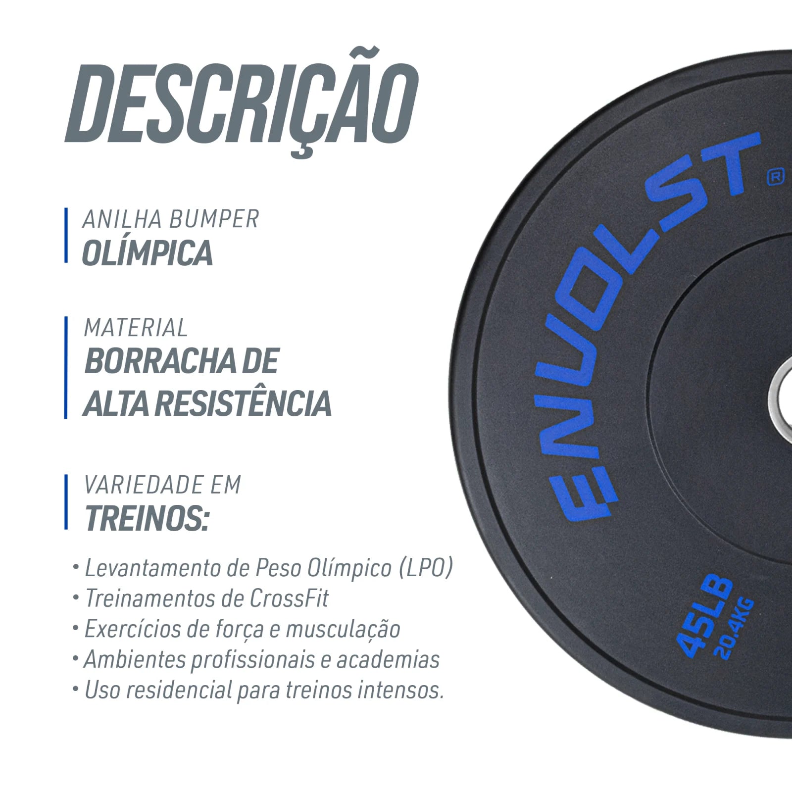 Anilha Olímpica Bumper para Crossfit e LPO IWF 45Lb Envolst