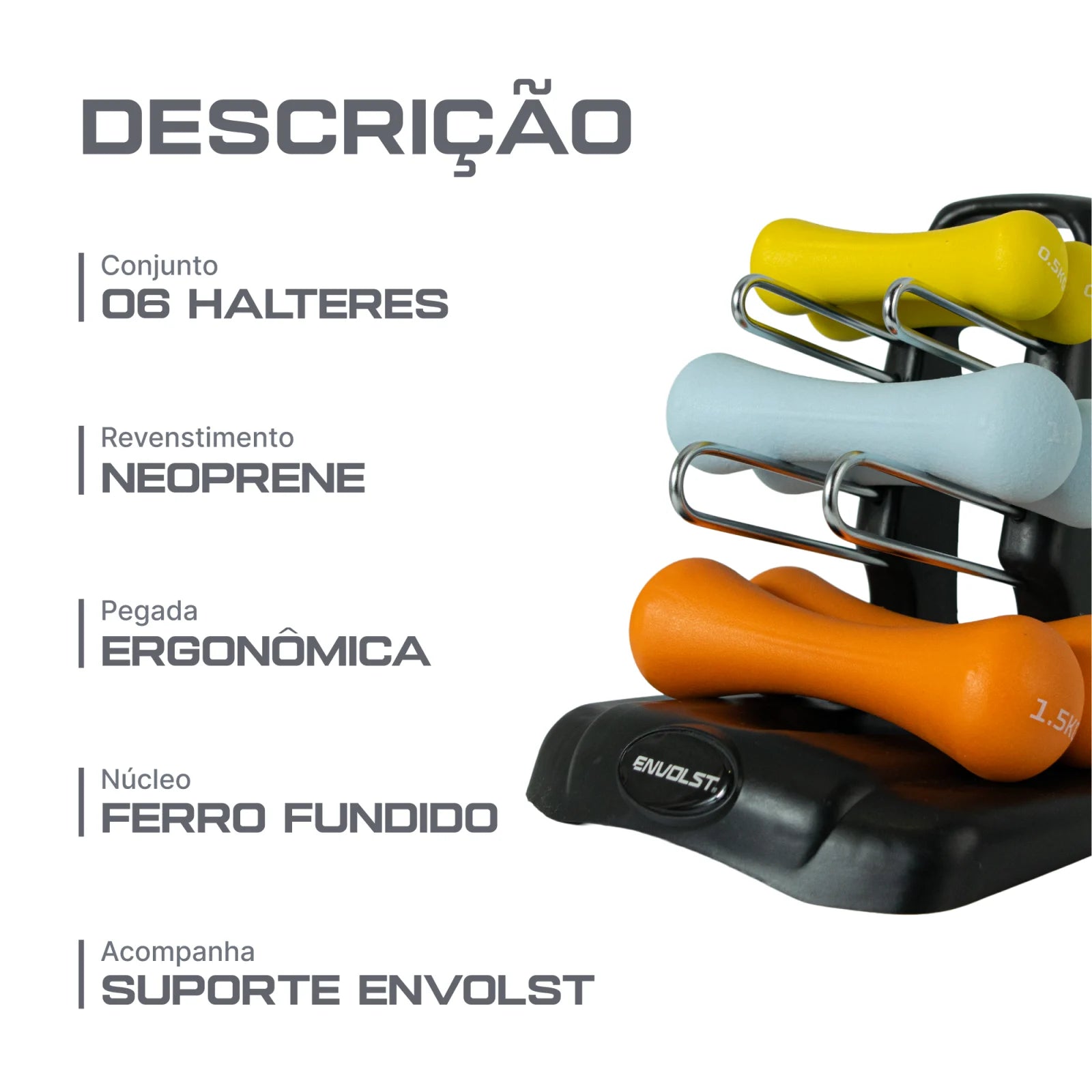 Conjunto 6 Halteres Neoprene 0,5 1 e 1,5kg e Suporte Envolst