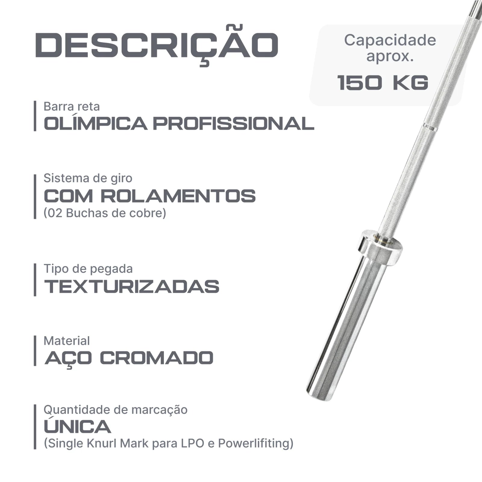 Barra Reta 1,80m Olímpica Cromada Envolst