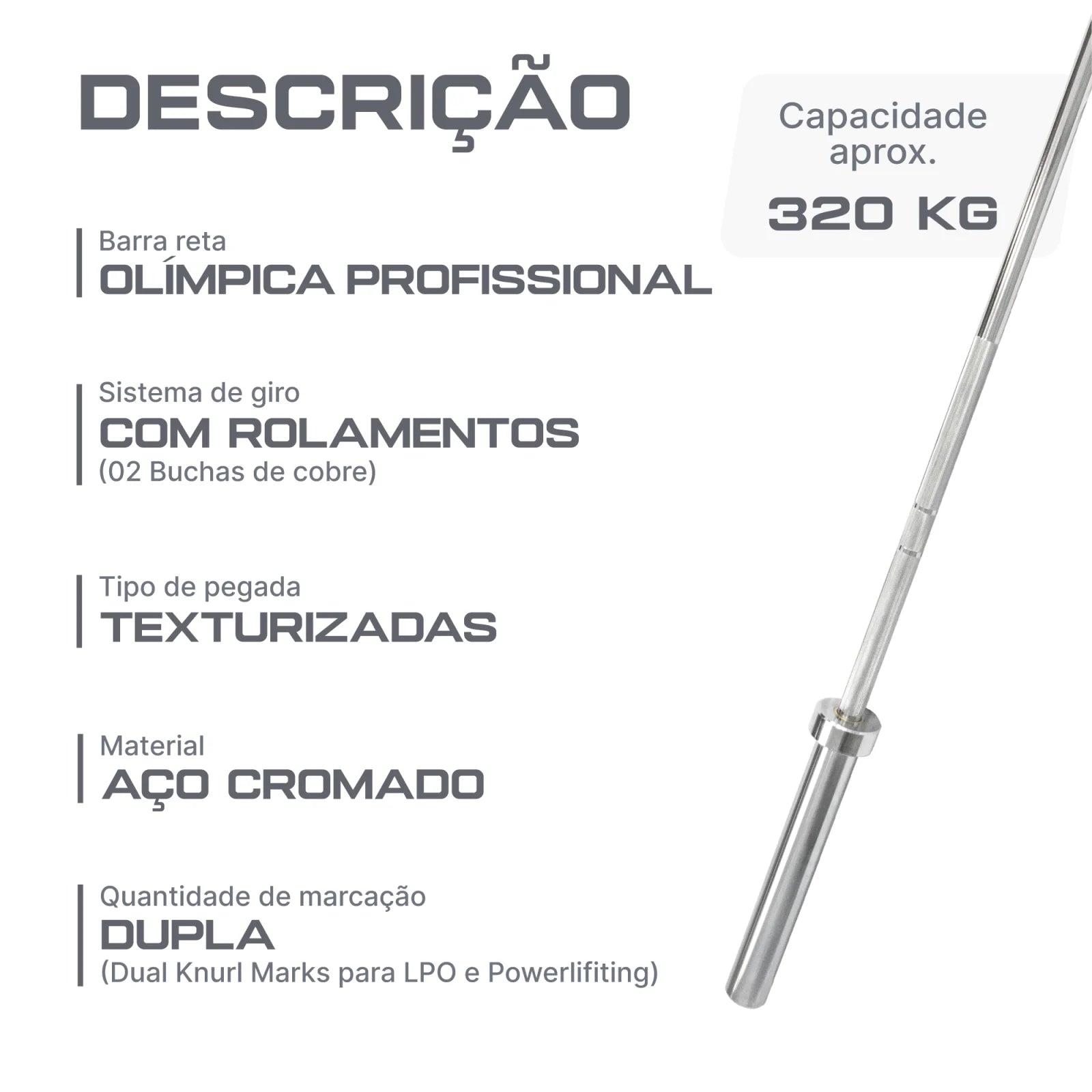 Barra Reta 2,00m Olímpica Cromada Envolst