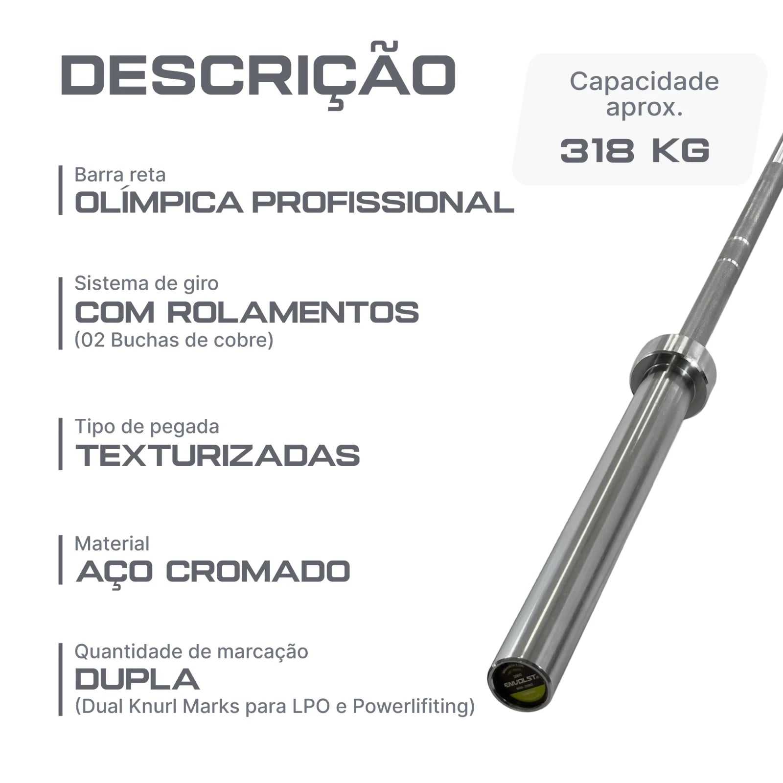 Barra Reta 2,20m Olímpica Cromada Envolst