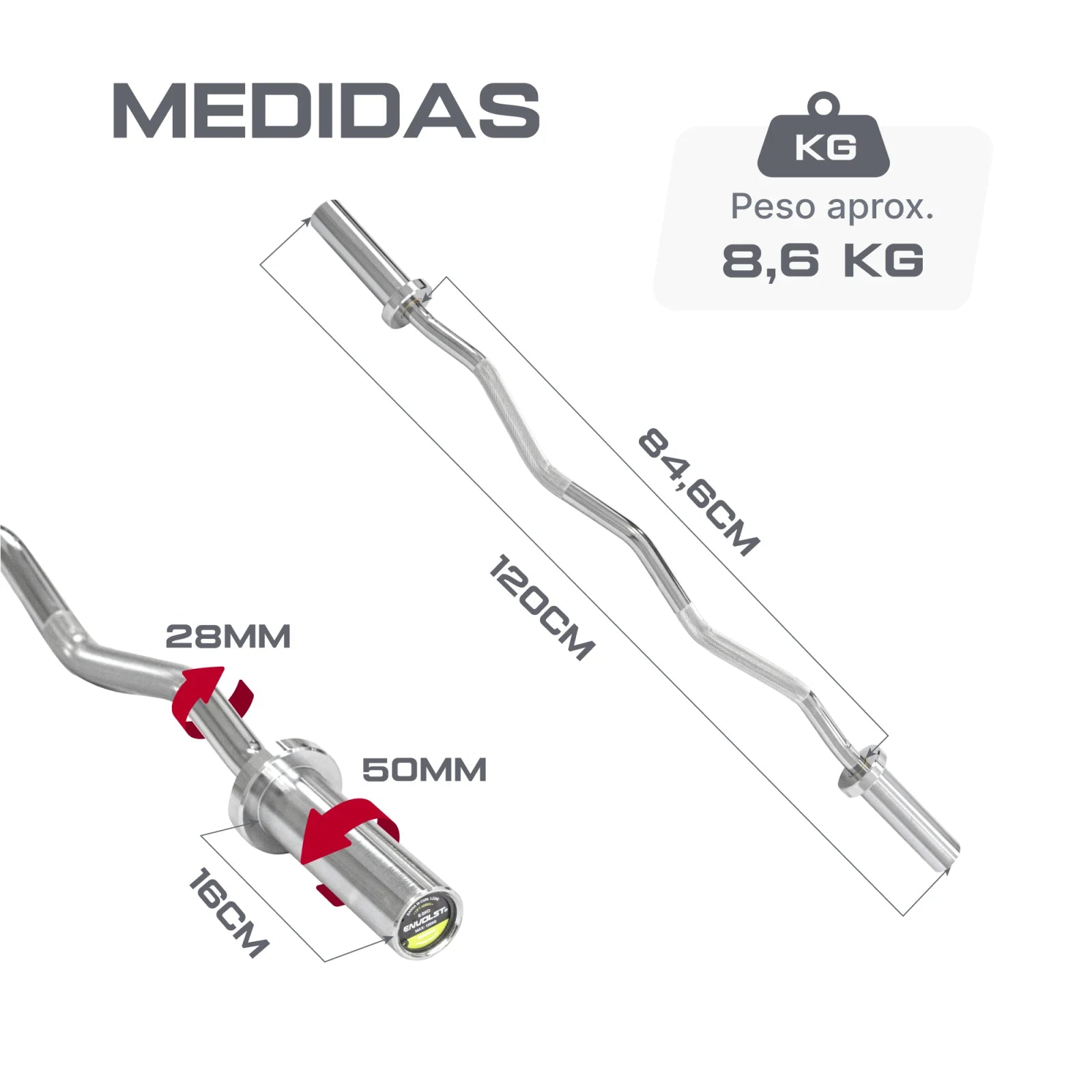 Barra W Curl 1,20m Olímpica Cromada Envolst