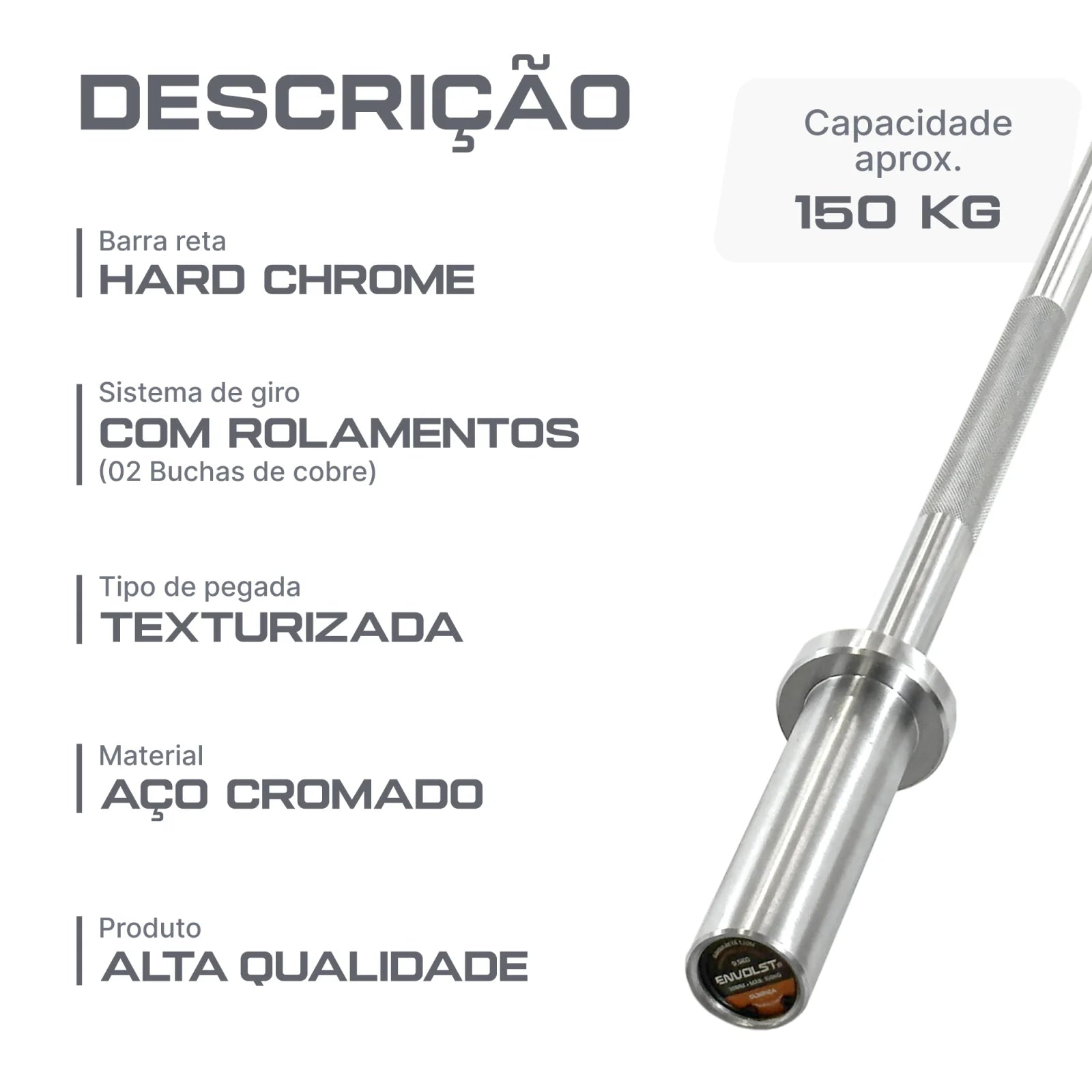 Barra Reta 1,20m Olímpica Hard Cromo Profissional Envolst