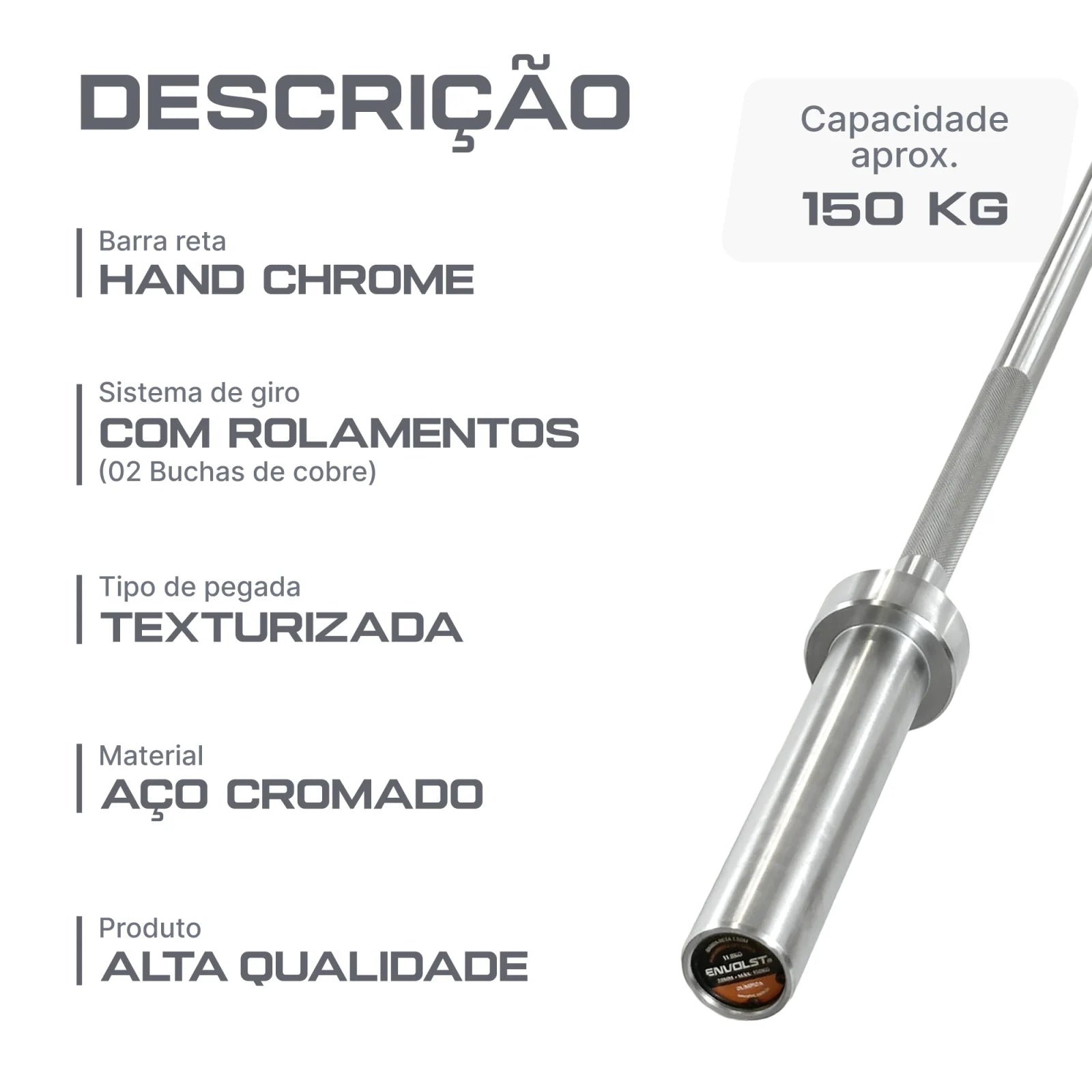 Barra Reta 1,50m Olímpica Hard Cromo Profissional Envolst