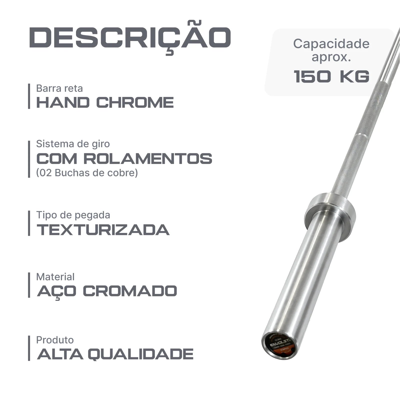 Barra Reta 1,80m Olímpica Hard Cromo Profissional Envolst