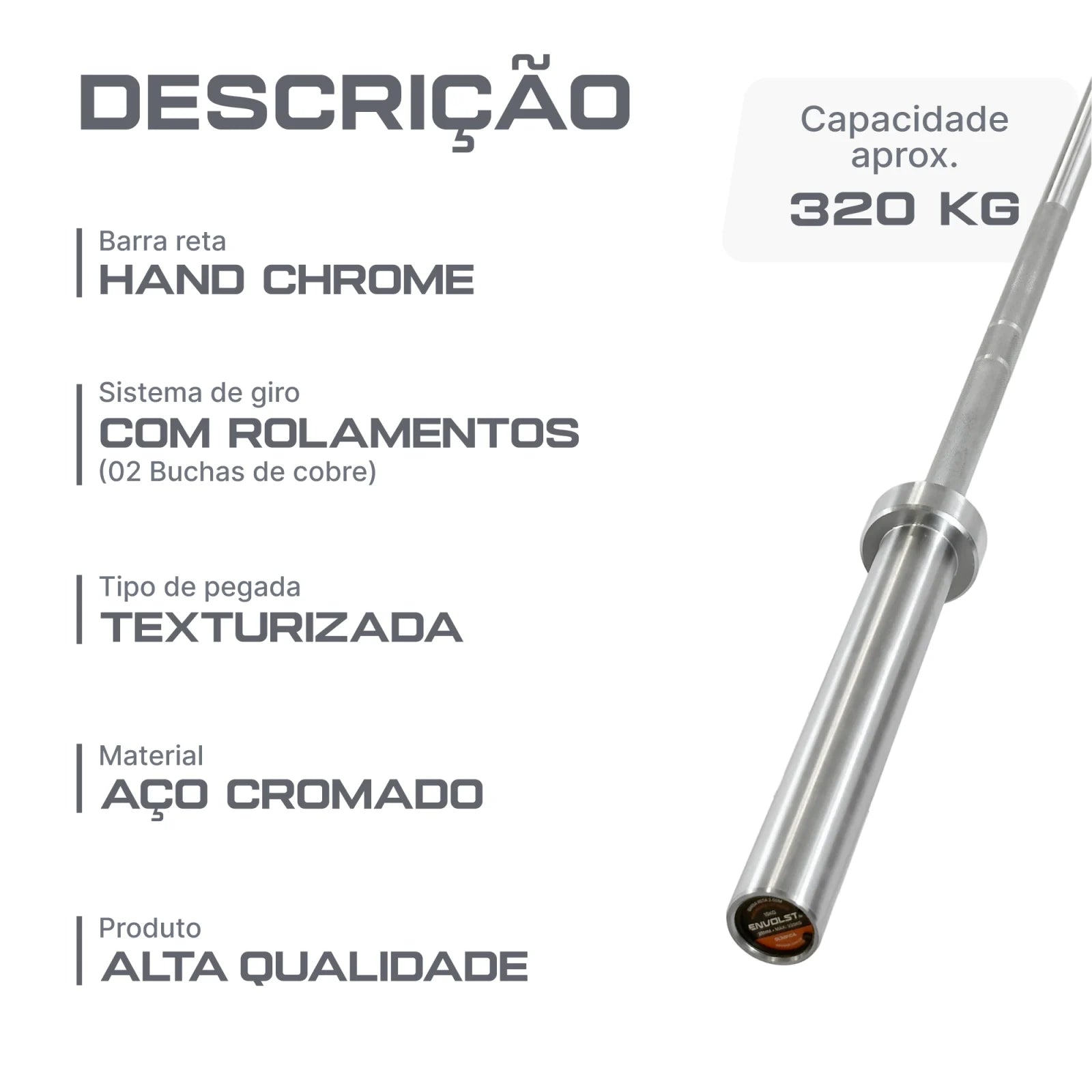 Barra Reta 2,00m Olímpica Hard Cromo Profissional Envolst