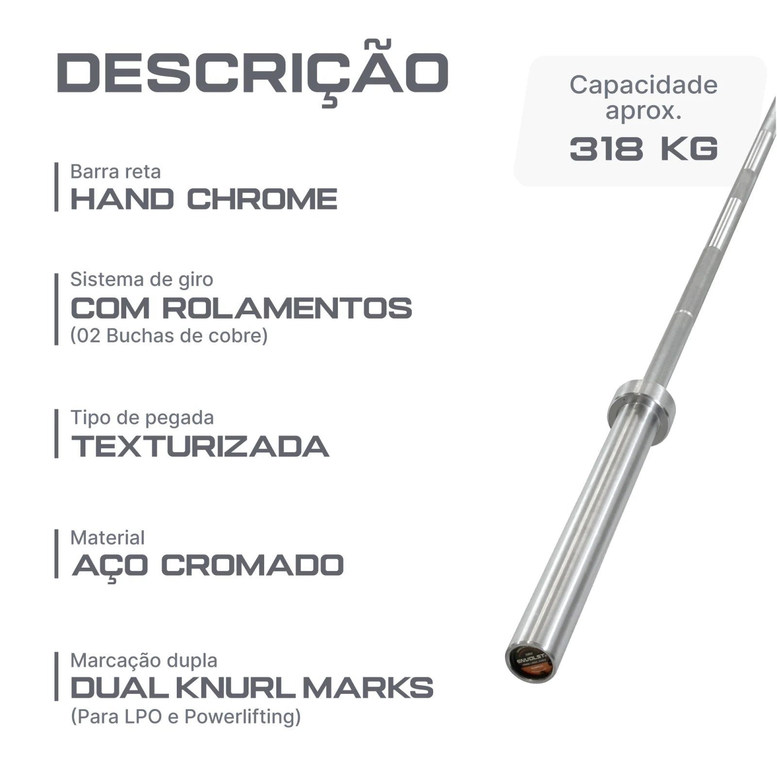 Barra Reta 2,20m Olímpica Hard Cromo Profissional Envolst