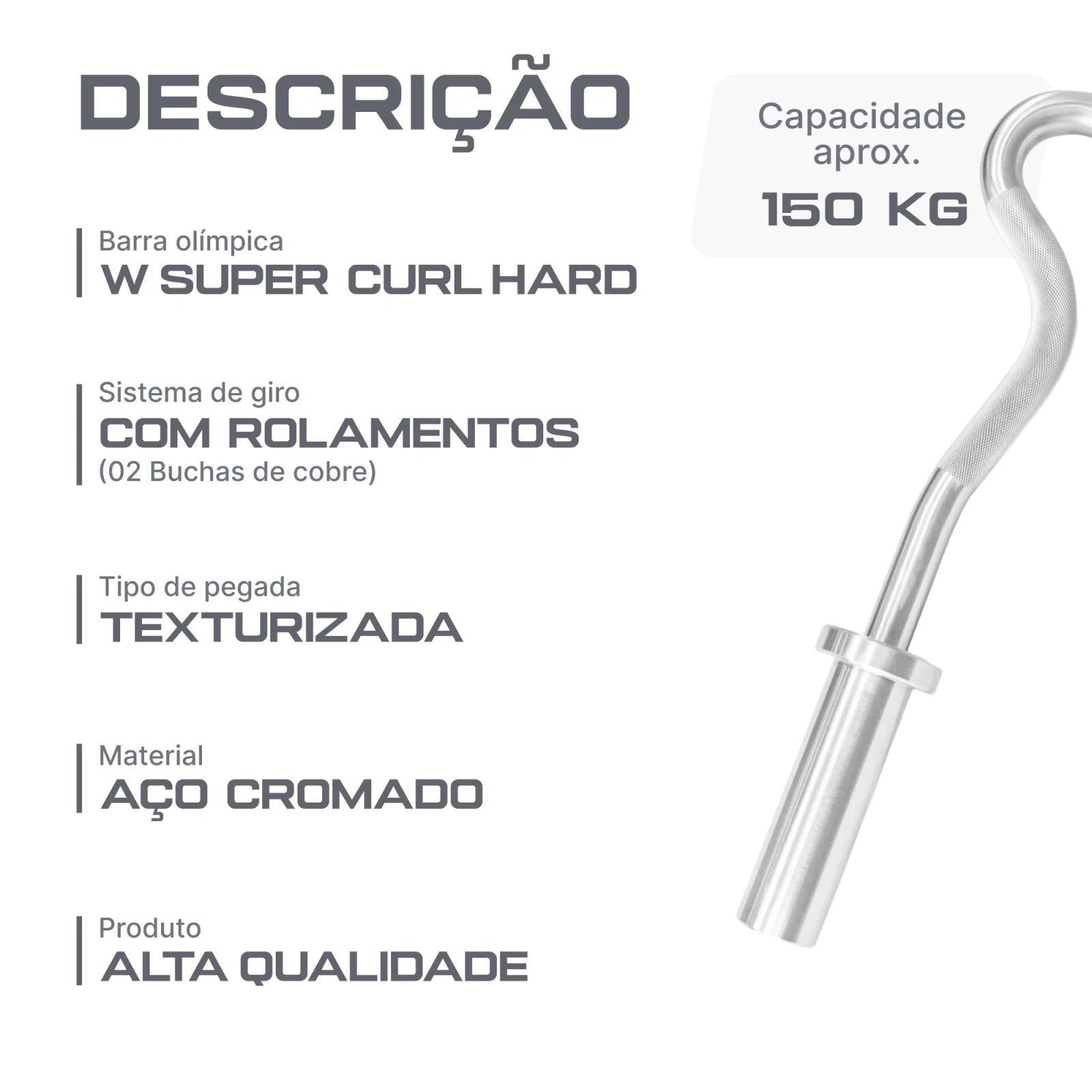 Barra W Super Curl 1,20m Olímpica Hard Cromo Profissional Envolst