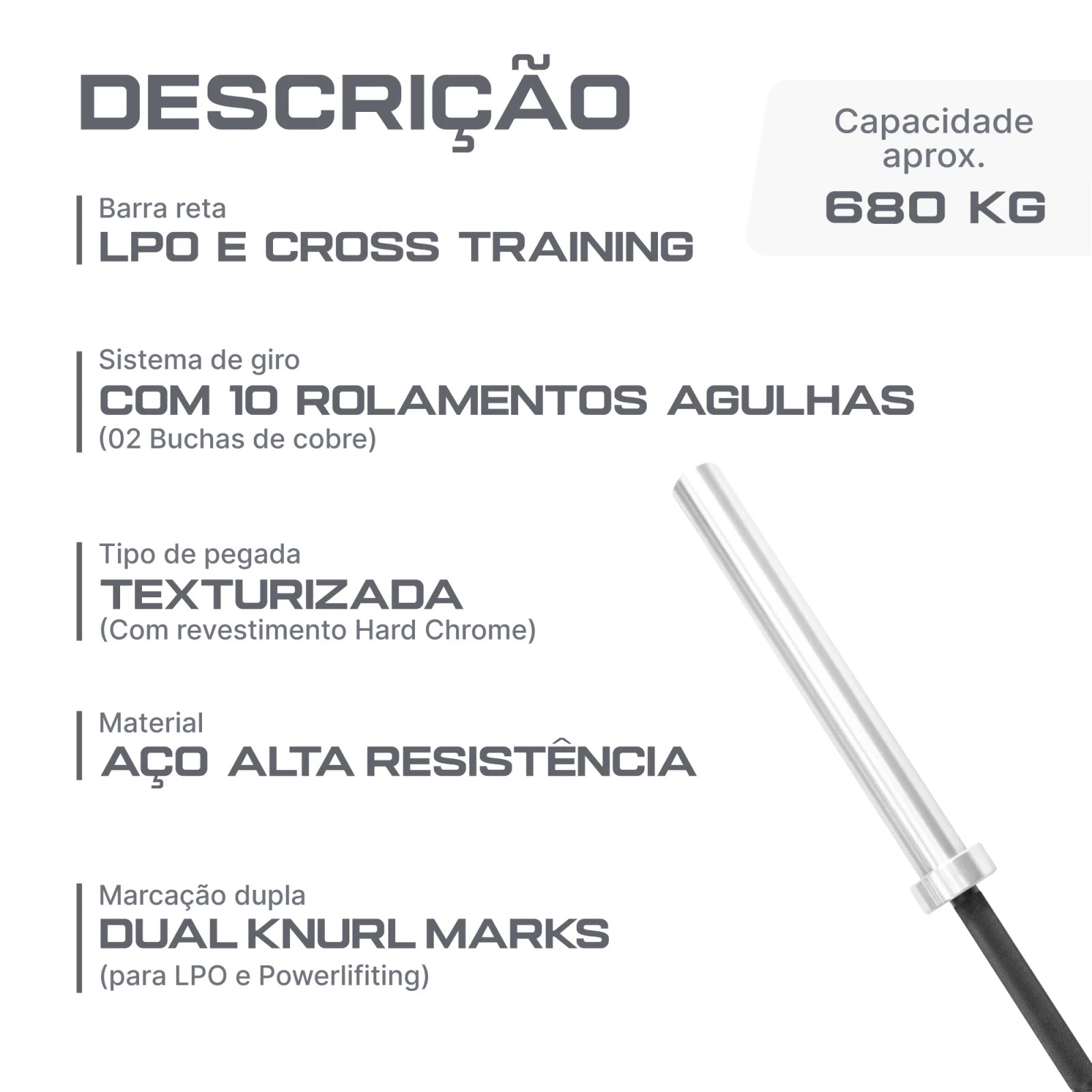 Barra Olímpica Crossfit LPO Masculina 20kg 2,20m Rolamentada Envolst
