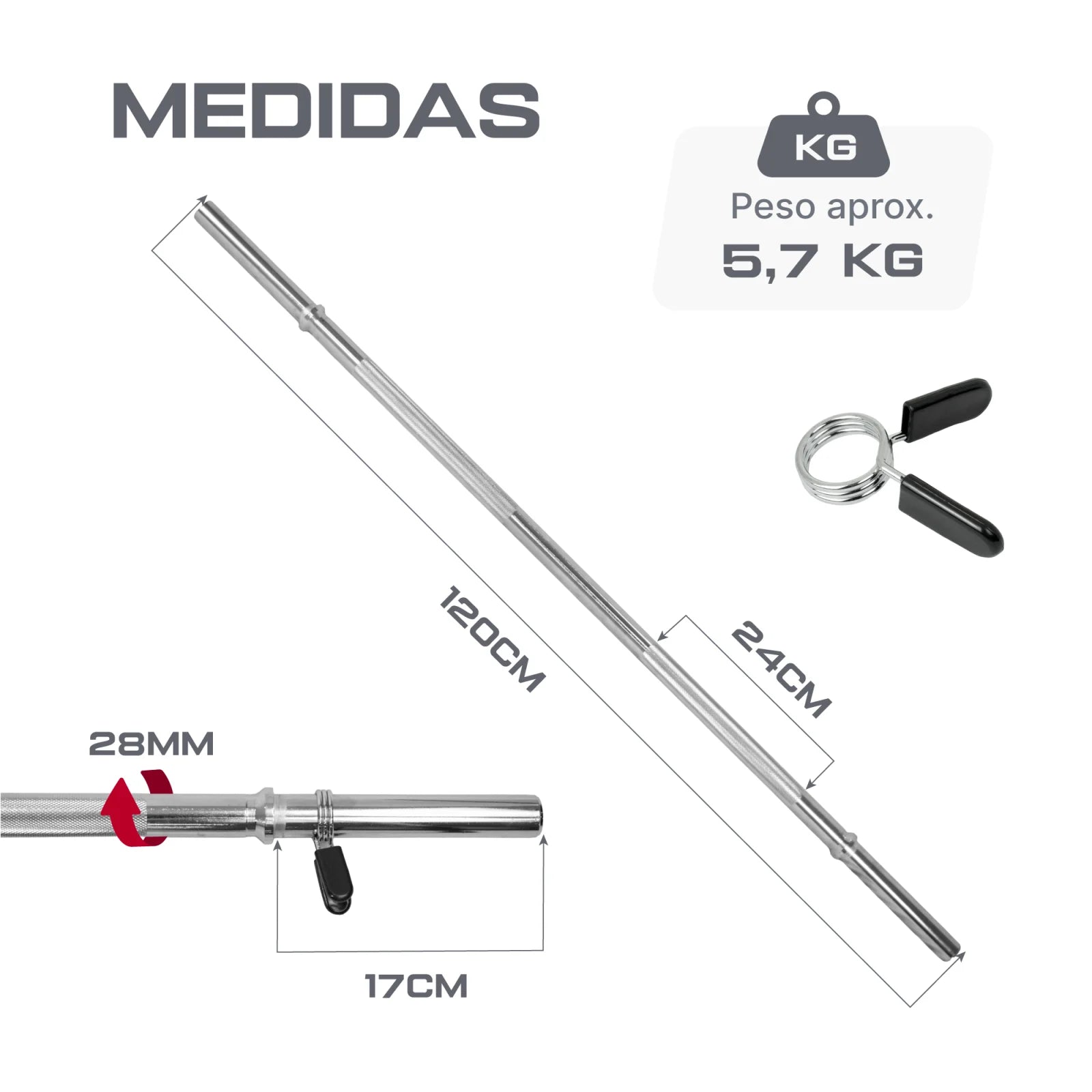 Barra de Musculação Reta 1,20m Maciça 28mm e Presilhas Envolst