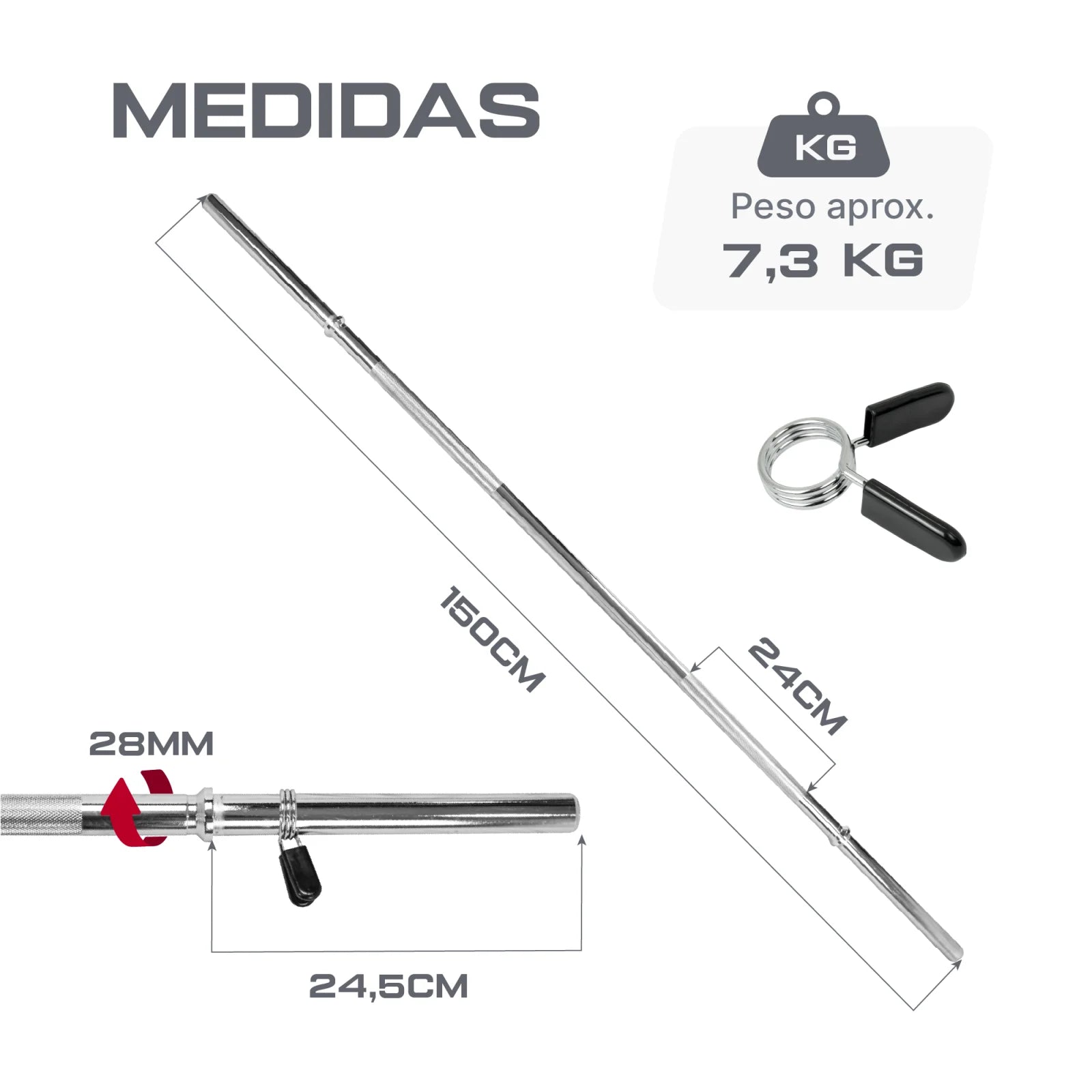 Barra de Musculação Reta 1,50m Maciça 28mm e Presilhas Envolst