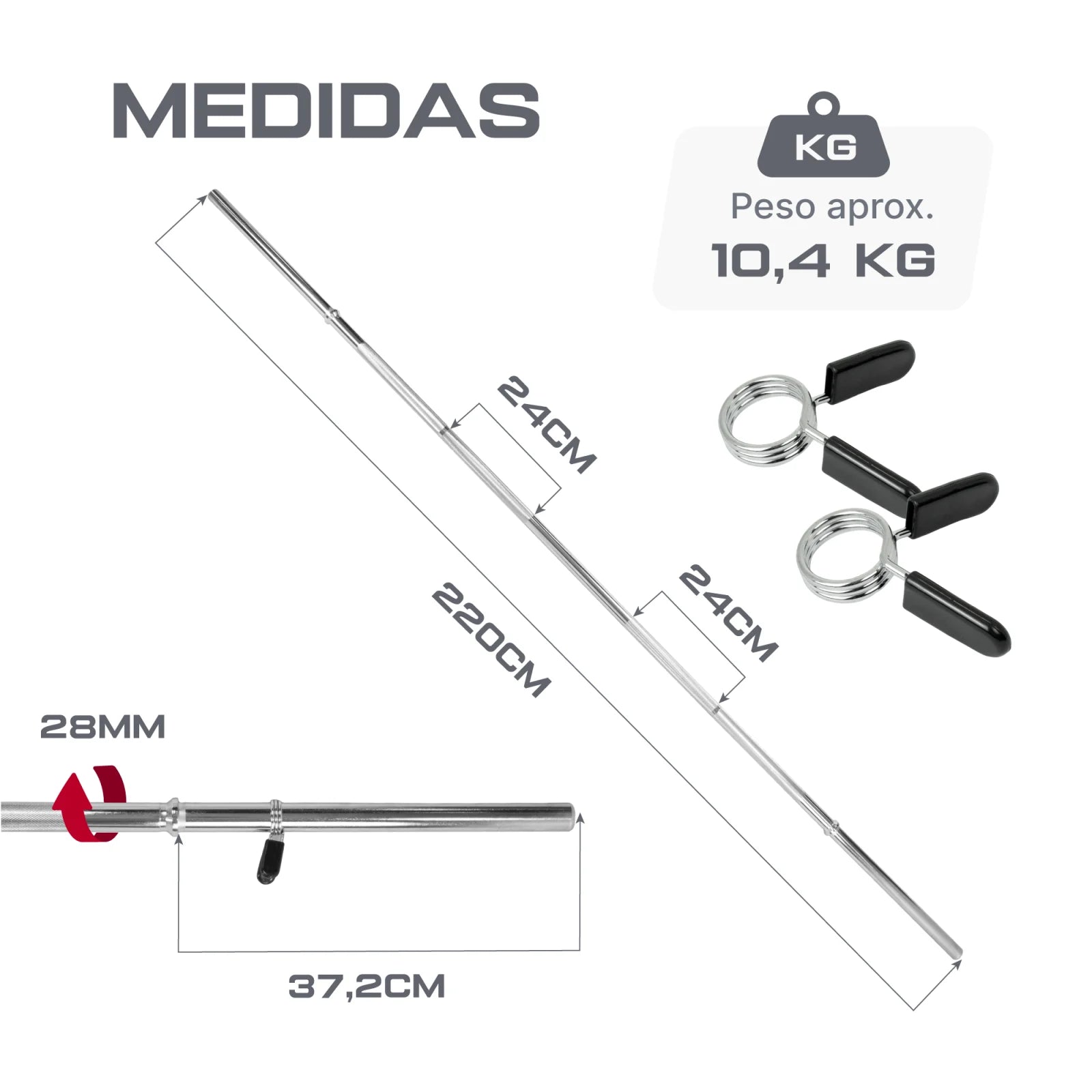 Barra de Musculação Reta 2,20m Maciça 28mm e Presilhas Envolst