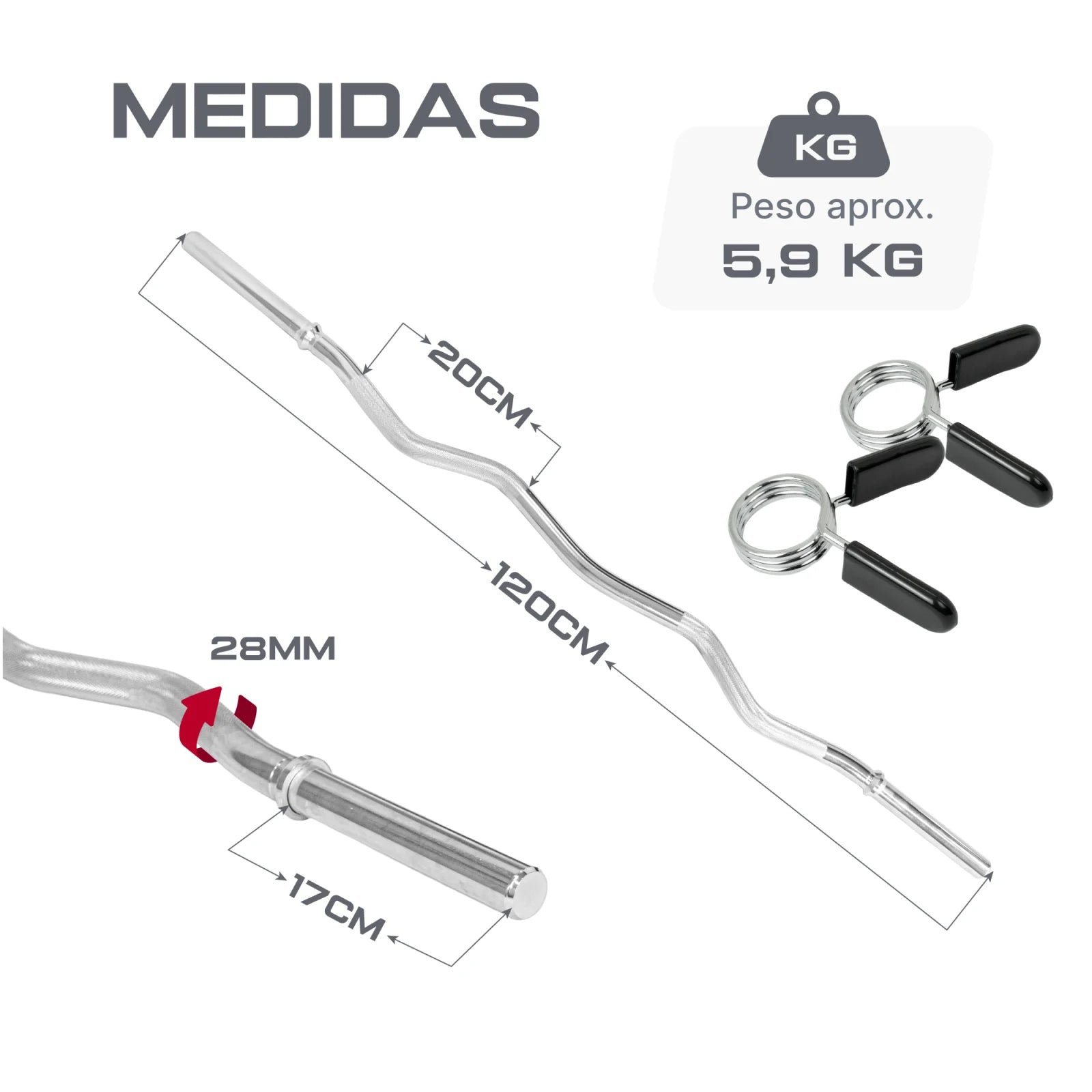 Barra de Musculação W 1,20m Maciça 28mm e Presilhas Envolst