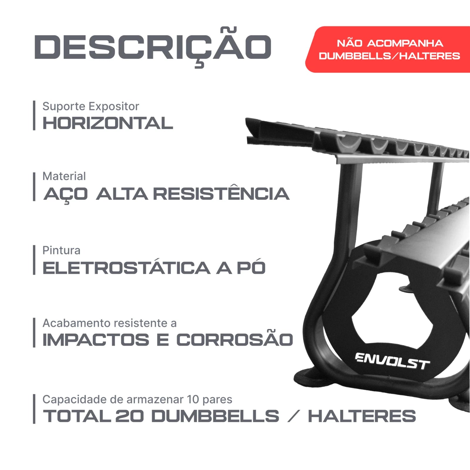 Suporte Expositor Horizontal para 10 Pares de Dumbbells Envolst