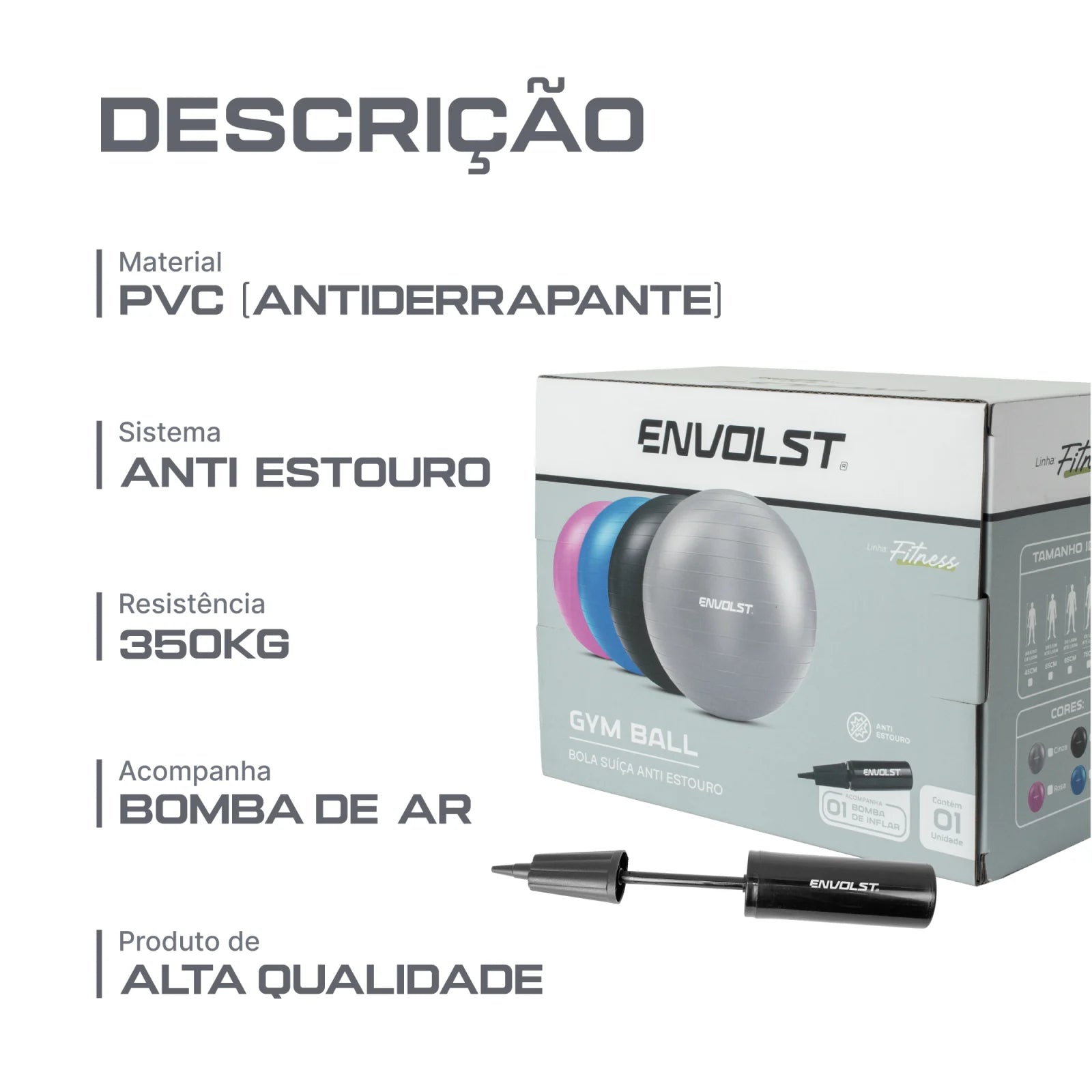 Bola Suíça Gym Ball 55cm Anti Estouro Envolst - Cinza