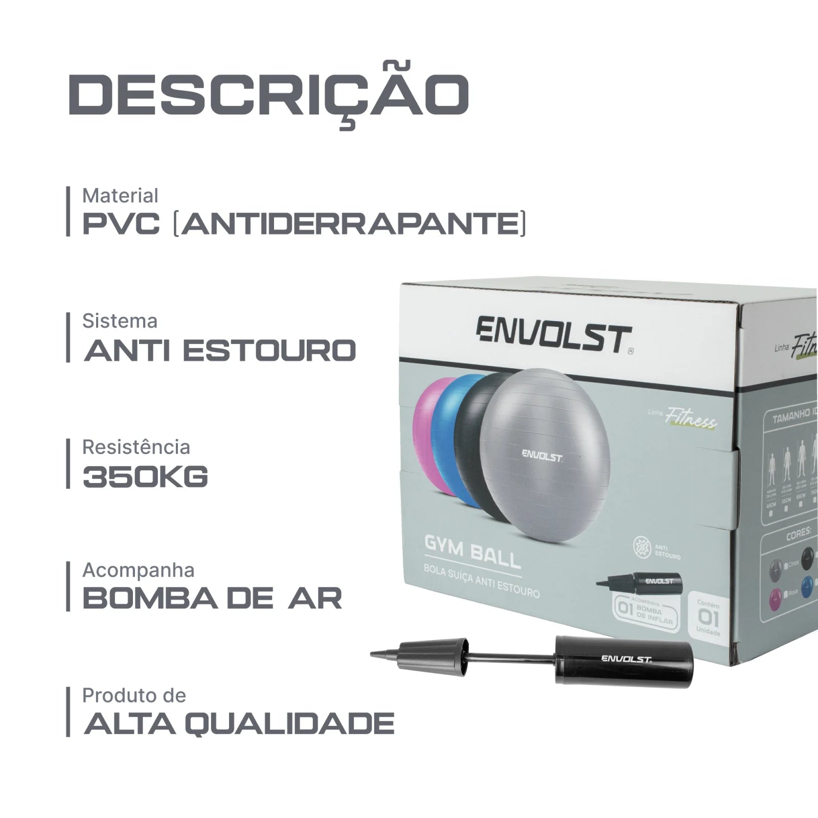 Bola Suíça Gym Ball 65cm Anti Estouro Envolst - Cinza