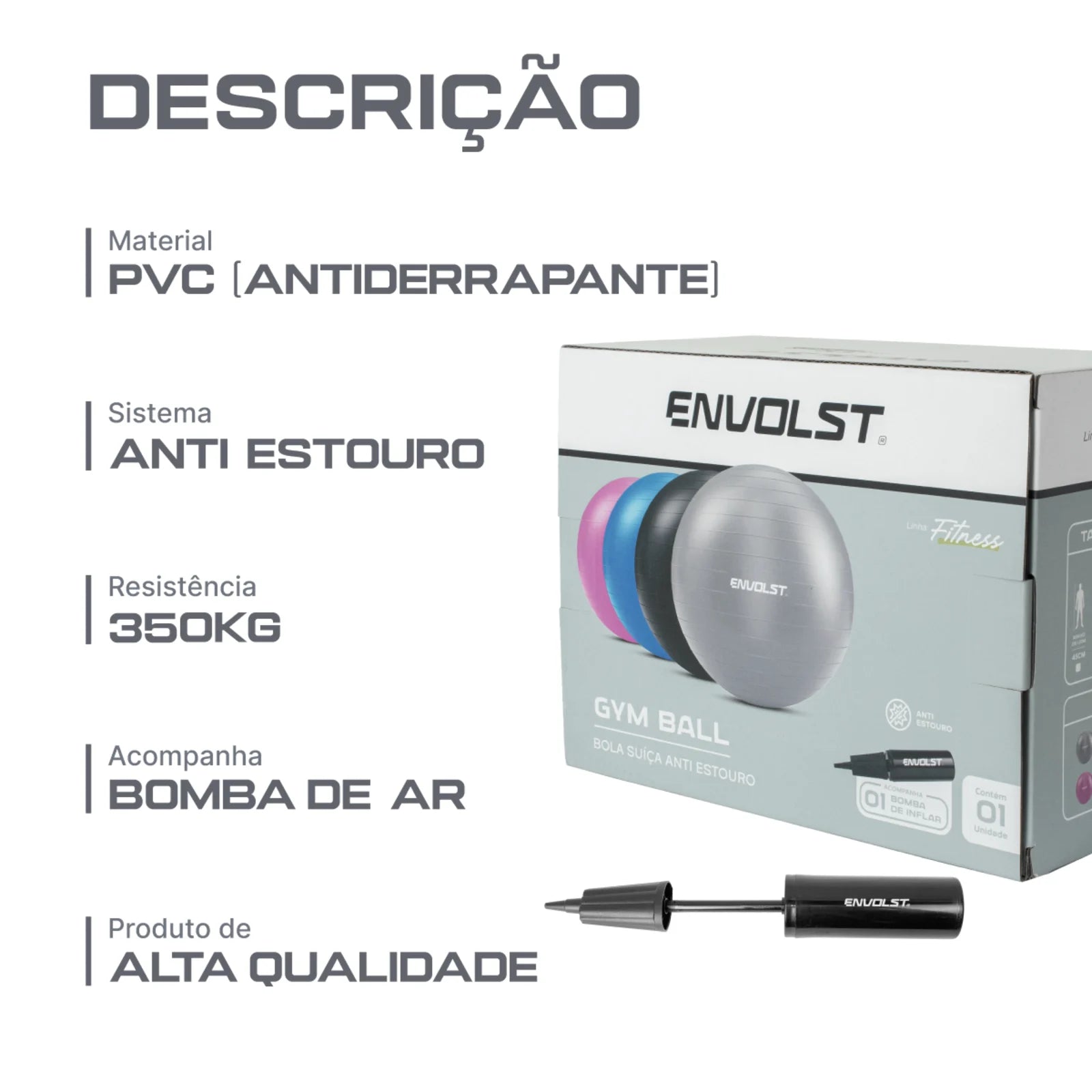 Bola Suíça Gym Ball 65cm Anti Estouro Envolst - Azul