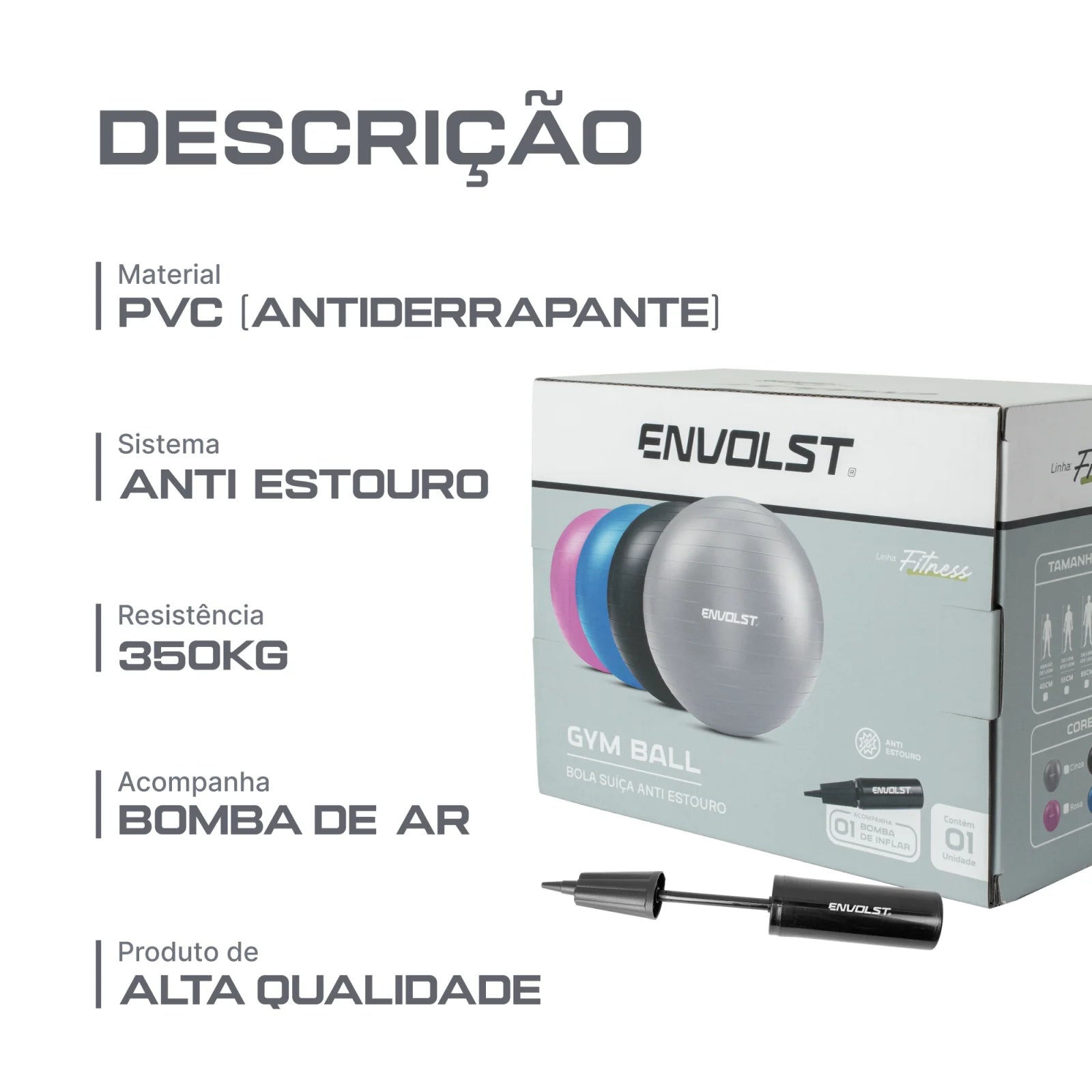 Bola Suíça Gym Ball 75cm Anti Estouro Envolst - Cinza